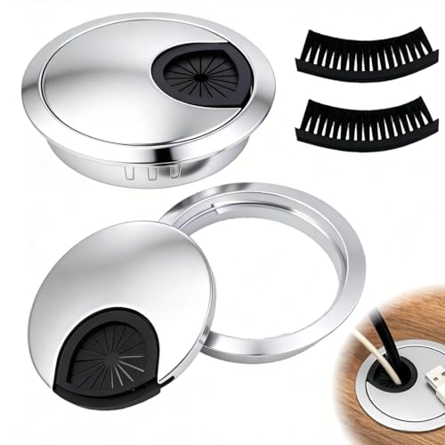 2X pasacables, Organizador de Cables y guía de Cables 60mm metálico – para Escritorio, Mesa y Superficie de Trabajo con Cepillo y Goma – para Muebles, Oficina, Ordenador, Cargadores y Accesorios