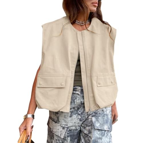PAODIKUAI Women's Casual Zip Up Vest Cargo Ruched Hem Lightweight Sleeveless Blazer Oversized Jackets Top with Pockets Small Khaki