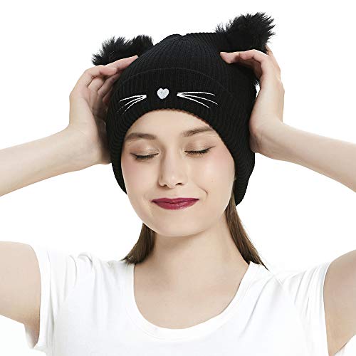 Women Winter Beanie Cute 2Pom Pom Cat Ears Cuff Hats Soft Warm Thick Beanies Chunky Knit Hat Girls Ski Skull Caps Black #TOP3