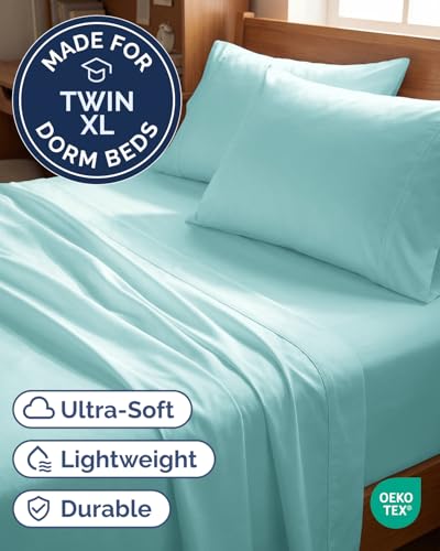 Image of Twin XL 4 Piece Sheet Set - College Dorm Room Essentials - Spa Blue | Ultra Soft Dorm Bedding Set, 8 inch to 16 inch Inch Deep Pockets, 1 Flat & 1 Fitted Sheet & 2 Pillowcases, Wrinkle & Fade Free