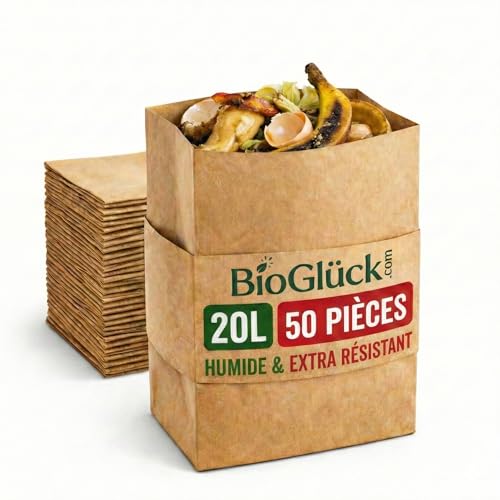 BIOGLÜCK® – Sacs poubelles bio premium 20 l [50 unités] – Sacs papier résistants et étanches pour poubelles bio