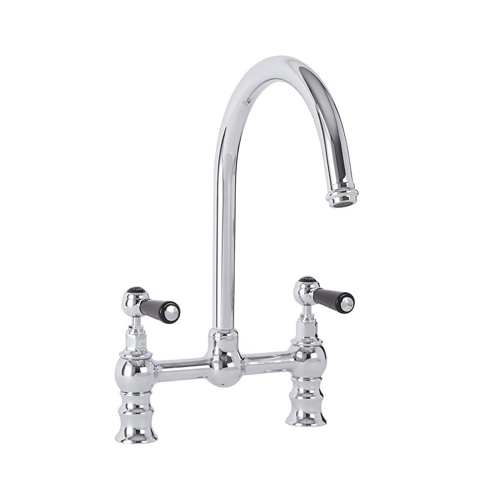 Milano Chrome & Black Elizabeth Lever Handle Bridge Kitchen Sink Mixer Tap Swivel Spout - Chrome Black