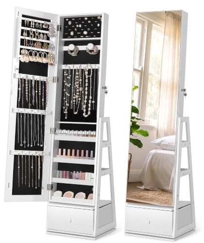 Nicetree 360° Swivel Jewelry Cabinet, Full Length Mirror, Lockable | Rotatable Jewelry Armoire Organizer, Standing Mirror with Storage, 3 Rear Shelves + Bottom Drawer, Gift Idea, Pure White