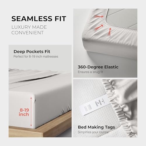 Image of THREAD SPREAD 100% Egyptian Cotton Sheets Queen Size - 1200 Series Plush Collection Damask Sheet Set Egyptian Cotton (4 PC, Silver Grey Stripe), Sateen Luxury Sheet Queen Size, 17 inch Deep Pocket