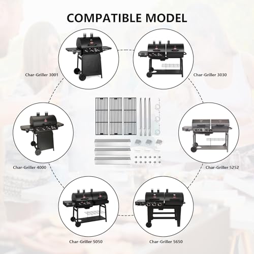 Image of CANDANA Replacement Parts for Chargriller 3001, 3008, 3030, 4000, 5050, 5252 Grill Models, Stainless Steel Burner, Stainless Steel Heat Plates, Porcelain Cast Iron Cooking Grid Grates, Igniters