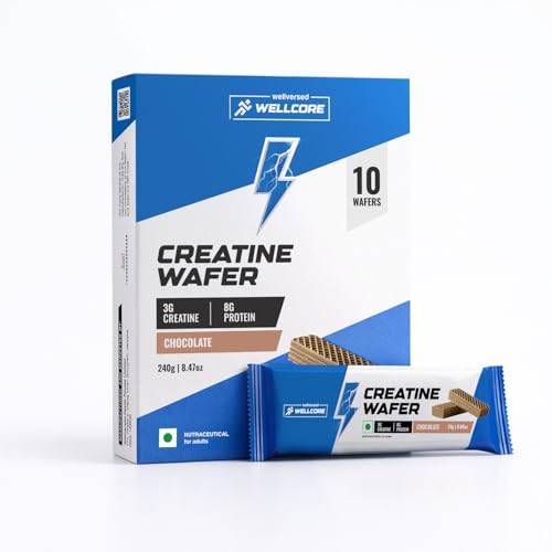 Image of Wellcore - Creatine Wafer Bar | Chocolate Flavour (Pack of 10) | No Added Sugar | 3g Creatine Monohydrate | 8g Protein | For Increased Muscle Growth & Recovery | 100% Vegetarian