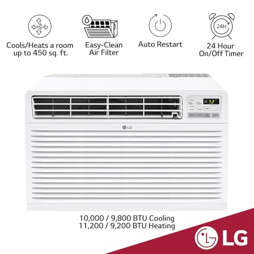 Image of LG 10,000BTU Through the Wall Air Conditioner with Supplemental Heat, 230V, AC Wall Unit for Rooms up to 450 Sq.Ft. (18' x 25' Room Size), Perfect for Bedroom, AC with Remote and Auto-Restart, White