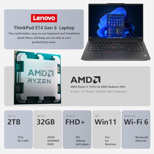 Image of Lenovo ThinkPad E14 Gen 6 Business Laptop, 14 inch FHD+ Anti-Glare, AMD Ryzen 5 7535U up to 4.55GHz, 32GB DDR5 RAM, 2TB SSD, Fingerprint, Backlit, HDMI, Wi-Fi 6, Windows 11 Pro, with Bundle Set