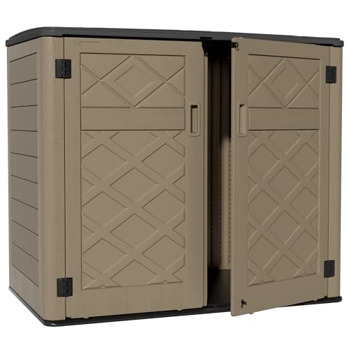 Image of ZZM Large Outdoor Storage Shed, 48 Cu Ft Resin Versatile Storage Cabinet for Patio Accessories, Trash Cans & Garden Tools, Durable Horizontal Storage Box with Lockable Lid (Coffee)