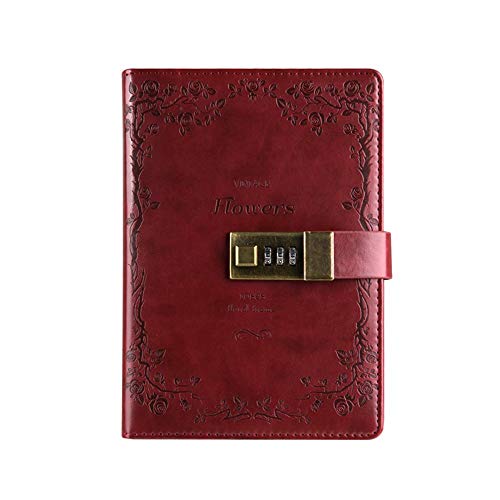 Diario in pelle PU saibang block-notes, Fashion Daily taccuino con serratura a combinazione, carte di credito, Portapenne, Dimensioni B6 diario di password per uomini e donne Wine Red