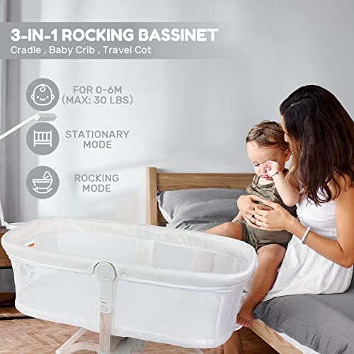 TCBunny Rocking Bassinet & Baby Bassinet Bedside Sleeper, 2-Sided Mesh Portable Bed Crib for Newborn Baby, Trave Bag Included (White)