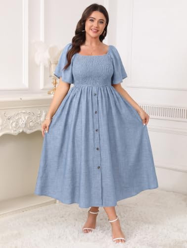 Image of Plus Size Casual Maxi Boho Dress for Curvy Women Short Sleeve Square Neck Smocked Summer Beach Dresses Button Down