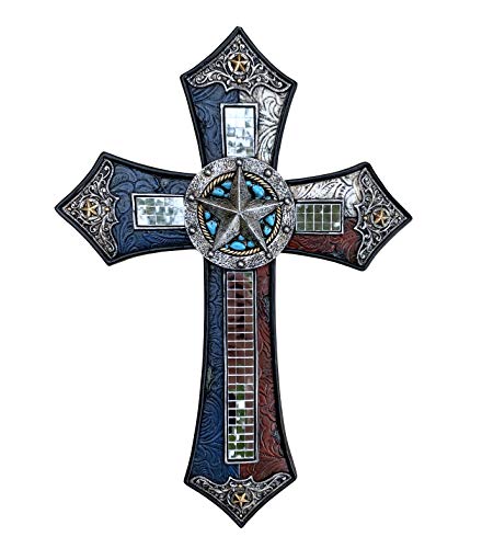 Red White & Blue Silver Star Texas Wall Cross with Mirrored Tiles - Jesus Spiritual Art Sculpture