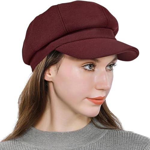 Women’s Newsboy Cap Wool Blend Retro Solid Color Girls Fashion Gatsby Cabbie Visor Beret Hat Wine