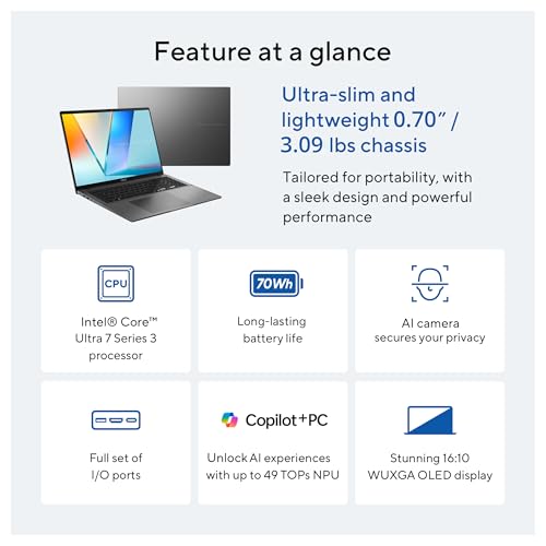 Image of ASUS Vivobook S14 Laptop (2026), Copilot+ PC, 14 inch 16:10 WUXGA OLED Display, Intel Core Ultra 7 355 Processor, Intel Graphics, 32GB RAM, 1TB SSD, WiFi 6, Windows 11 Home, Matte Gray, S3407AA-DS77
