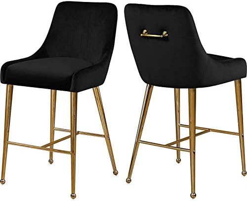 Meridian Furniture Owen Collection Modern | Contemporary Velvet Upholstered Counter Stool with Polished Gold Metal Legs, Set of 2, 23" W x 21" D x 40" H, Black