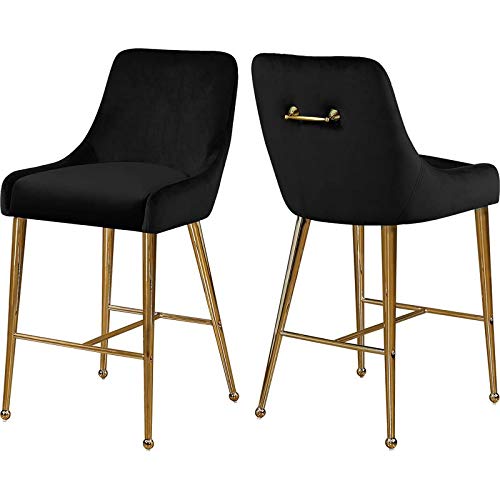 Meridian Furniture Owen Collection Modern | Contemporary Velvet Upholstered Counter Stool With Polished Gold Metal Legs, Set Of 2, 23" W X 21" D X 40" H, Black #TOP19