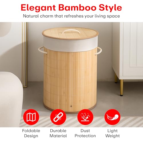 Image of Rioware Bamboo laundry bag basket for clothes with lid toy storage organiser box foldable Round Home Organizer and Storage | Eco Friendly | Compact and Easy to carry- Brown Econest