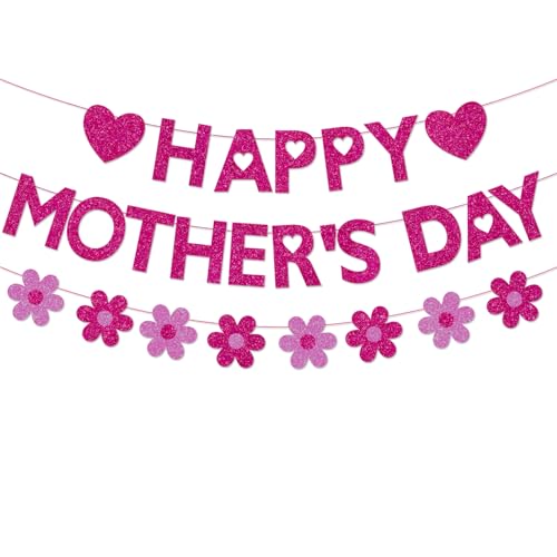 Mother's Day Decorations Banner - Happy Mothers Day Decor Sign with 3D Flower Garland Glitter, Pre-strung Hanging Bunting Banner for Mom Party Supplies, Home Wall Mantle Decor, Best Mom Ever Photo Backdrop, Rose Red