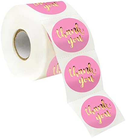1000 PCS Thank You Stickers Gold Foil Font on Pink Paper with Perforation Line for Personal and Business Use (Each Measures 1.5" in Diameter)