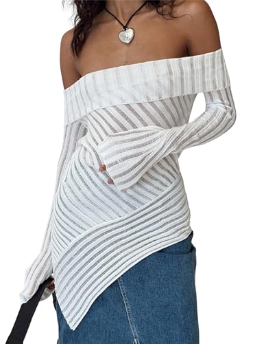 Image of Womens Off The Shoulder Sweater - Sexy Sheer Knit Relax Fitted Long Sleeve Asymmetrical Blouse Tops White M