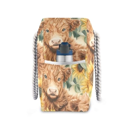 Highland Cow and Sunflowers Beach Bag & Travel Tote Bag Large Sandproof with Zipper Closure, Wet Pouch for Swim Gym Travel, Lightweight Foldable Outdoor Bag3