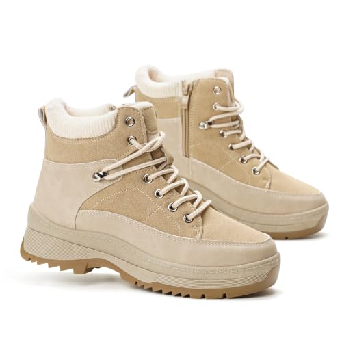 GLAMORA Botines de Invierno para Mujer, Botas de Nieve con Pelo, Suela de Goma Antideslizante, Cordones, Cremallera Lateral y Acabado Resistente al Agua G25850-beige-36