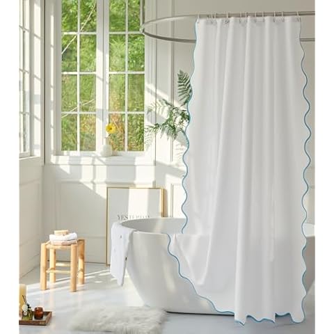 youngseahome White Fabric with Aqua Scalloped Border Shower Curtain,Boho Chic Cloth Shower Curtain for Bathroom Showers,96 x 72 Inches Cover