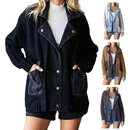 Dearlassie Denim Cardigan, Dearlassie Cardigan with Denim for Women, Denim Cardigan with Pockets (Black,S)