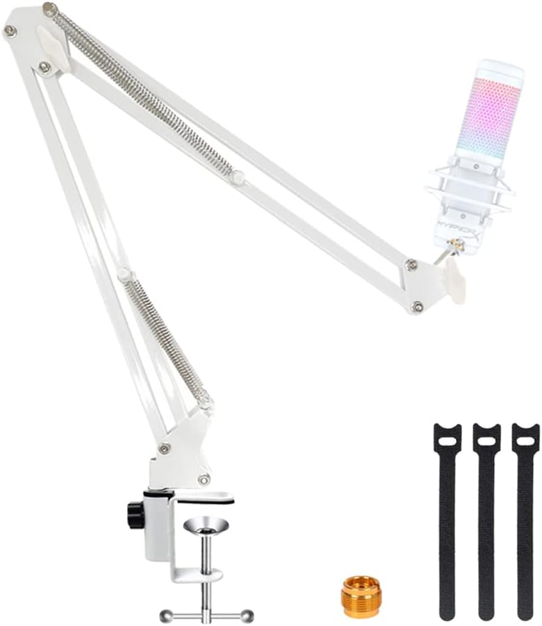 White Boom Arm for HyperX Quadcast S - Professional Adjustable Mic Stand Compatible With HyperX Quadcast Microphone