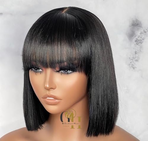 GaSunshine Hair Straight Black Wig with Bangs, Shoulder Length Bob