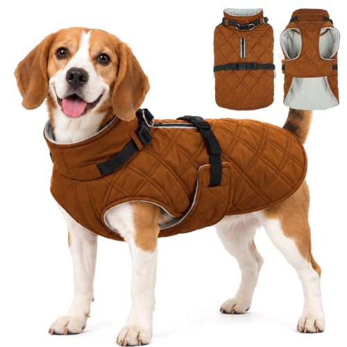 Kuoser Dog Coat Warm Fleece Lining Turtleneck Dog Jacket with Harness Built-in, Adjustable Windproof Cold Weather Coats with Quick Release Buckle Pet Winter Snowsuit for Small Medium Dogs, Khaki M