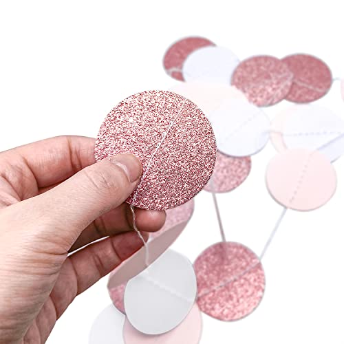 Xianmu Rose-Gold Pink White Circle Dots Paper-Garland 4 Pack 40 Feet Hanging Paper Streamers For Mothers Day Birthday Baby Bridal Shower Engagement Wedding Pink Themed Party Decoration #TOP1
