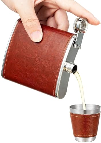 Image of Leather Stainless Steel Hip Flask with 4 Shot Glasses with Funnel, Liquor, Wine, Whiskey, Alcohol Drinks Holder Pocket Beverage Bottle for Men and Women