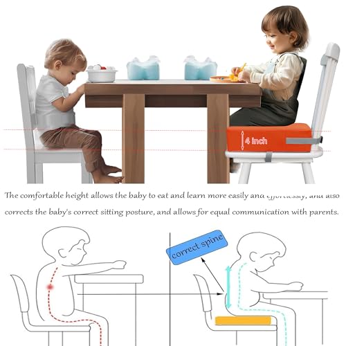 Image of Eiury Booster Seat for Kitchen Chair, Toddler Booster Seat for Dining Table, Waterproof PU Leather Kids Seat Cushion with Adjustable Straps, Non-Slip Bottom, Wipeable Seat Pad,Tangerine