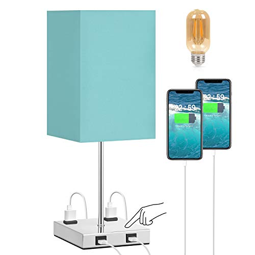 Touch Lamp for Bedroom, Seealle Aqua Blue Lamp with 2 USB Ports & Outlets, 3-Way Dimmable Modern Desk Lamp for Bedrooms Nightstand End Table, Touch Control Lamp with 2700K Warm White LED Light Bulb