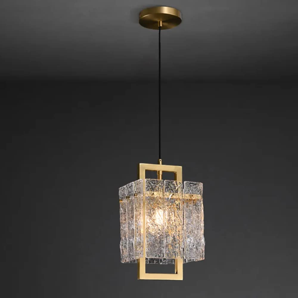 JiuZhuoJiuZhuo 1-Light Geometric Pendant Light with Water-Ripple Glass Shade Modern Elegant Square Brass Glass Hanging Chandelier Brass Dining Room Decor Lighting Fixtures