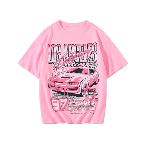 Girl's Car Letter Graphic Print Round Neck Short Sleeve Tee Summer Casual T Shirt Graphics Tee Shirt