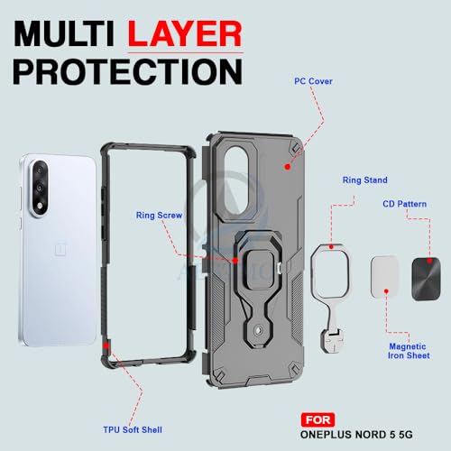 Image of AESTMO Armor Back Cover for OnePlus Nord 5 5G | Ring Holder & Kickstand & Camera Protection in-Built | 360 Degree Protection Back Case Cover (Black)