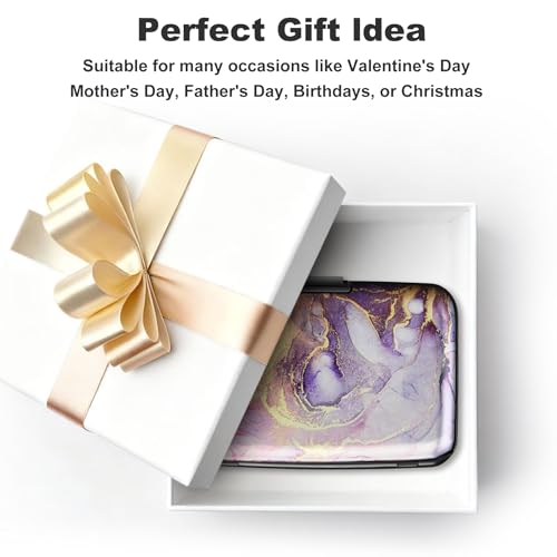 Image of ELFISH Mini RFID Aluminum Wallet Credit Cards Holder Business Card Case Metal ID Case for Men Women, Light Purple Marble, 4.33 x 2.95 x 0.73 inches, Compact