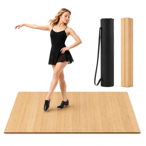 Foldable Tap Dance Floor - Premium Bamboo Portable Tap Board with Non-Slip Backing & Heavy Duty Carrying Bag Large Dancing Mat for Home Studio Street Outdoor Practice (wood tone)