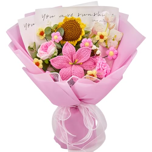 YSHomy Häkelblumen, gehäkelter Blumenstrauß aus Häkellilien, Sonnenblumen, Nelken, Rosen, ewige Blumen für Geburtstag, Abschlussstrauß, Geschenk für Frauen (inkl. Karte)