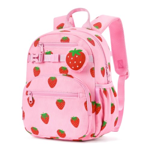 mibasies Toddler Backpacks for Girls 2-4: Little Kid Corduroy Bookbag for Preschool Daycare Travel, 12" H - Pink Strawberry