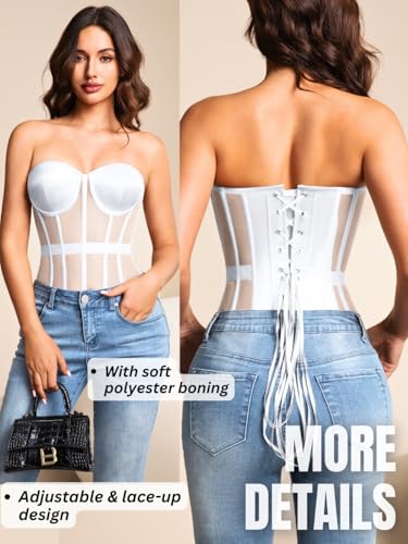 Image of Kaei&Shi Sheer Mesh Overbust Corset,Sexy Strapless Lace Up Satin Bra Corsets Top For Women Shapewear