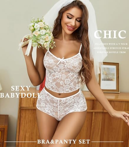 Image of GirlFriend Lace Bra and Panty Set V Neck Babydoll Lingerie 2 Piece Mesh Bralette Set for Wife, Women Wedding Valentine Special Night Occasion Festival