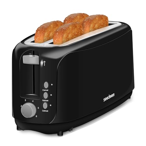 SEEDEEM 4 Slice Toaster, Extra Wide Slots Bread Toaster with 6 Shade Settings, Bagel/Cancel/Defrost/Reheat Functions, Removable Crumb Tray, Auto Shut-Off, Black