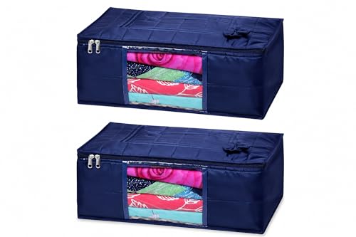 Image of Clothes Storage Bags with Zipper - Pack of 2 | Large Foldable Underbed Storage Bag | Moisture Proof Wardrobe Organiser for Saree Blanket Bedsheet Lehenga | Dustproof Cloth Organiser with Handle Blue