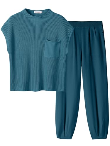 ANRABESS Women's Two Piece Outfits Knit Sweater Vest Crop Top Pants Lounge Matching Tracksuit Sweatsuit Travel Clothes Sets
