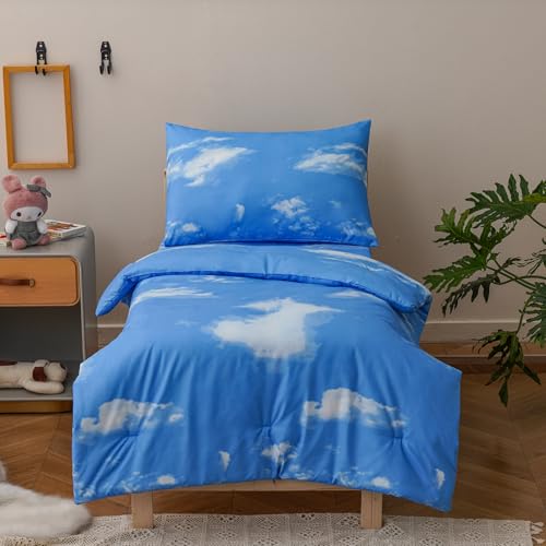Image of Luxlovery Toddler Comforter Set White Blue Cloudy Kids Bedding Set Bed Set for Dorm 4 Pieces (1 Comforter, 1 Flat Sheet, 1 Fitted Sheet, 1 Pillowcase)