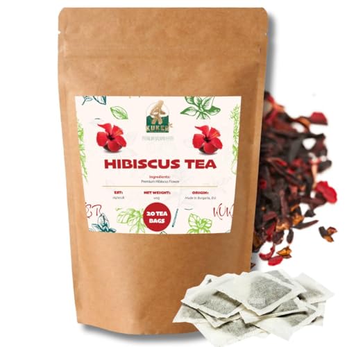 KUKER - Hibiscus Tea, Genuine Hibiscus Tea Bags, Hibiscus Flower, Rose Tea, Leaves, Dried Hibiscus Flowers, Hibiscus Powder & Iced Tea Bags, (20 Tea Bags) 30g